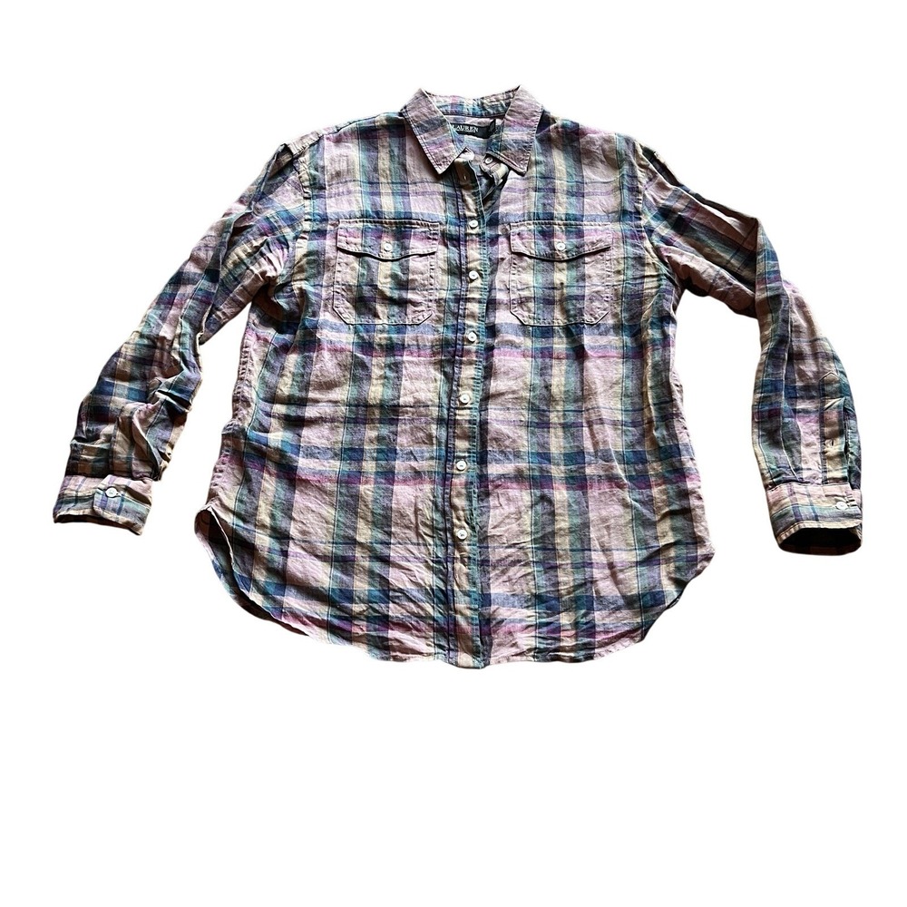 Lauren Ralph Lauren 100% Linen Plaid Shirt‎ Sz Med Multicolor Button Down Casual